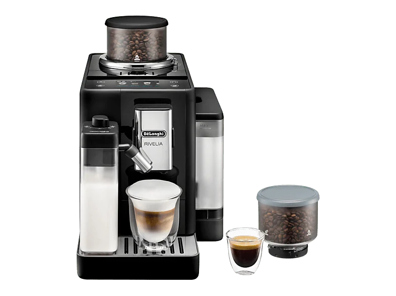 Cafetera superautomática De'Longhi Rivelia EXAM440.55.B, 1450W, 19bar, Molinillo integrado, LatteCremaHot, Depósito leche, Táctil, 16 recetas, Negro